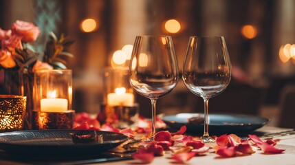 Romantic dinner setting with wine glasses, candlelight, rose petals, and elegant decor for a special occasion celebration