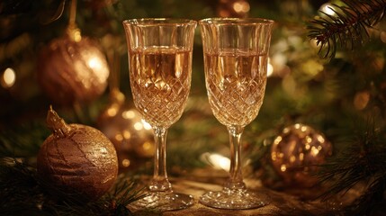 Elegant champagne glasses with sparkling wine set against a backdrop of festive decorations and golden ornaments for celebration and holiday themes