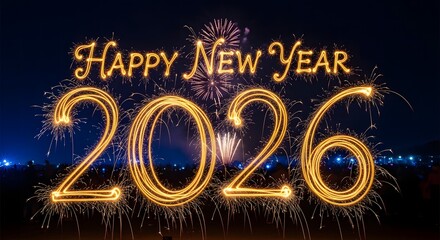 Happy New Year 2026 written in sparklers with fireworks and night sky celebration