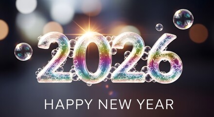 Happy New Year text with 2026 numbers made of iridescent bubbles celebration