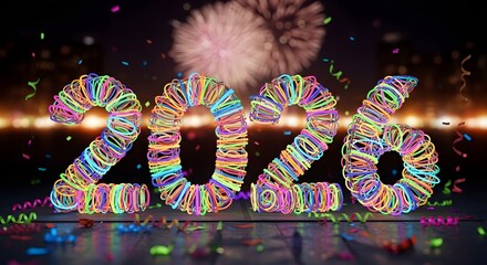 Neon Glow Sticks Form 2026 Numbers With Fireworks And Confetti new year celebration