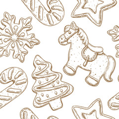 Christmas gingerbread hand drawn cookies seamless pattern. For kitchen design, food packaging, textiles.