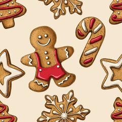 Christmas gingerbread hand drawn cookies seamless pattern. For kitchen design, food packaging, textiles.