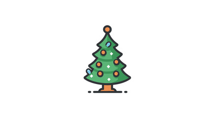 Vibrant flat design Christmas tree icon with festive ornaments and lights on a white background, holiday season celebration illustration.