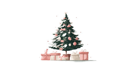 Watercolor Christmas tree illustration with pink gift boxes and festive ornaments on white background