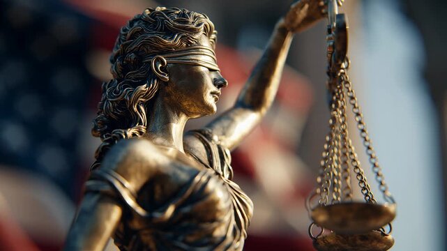 A symbol of justice, a blindfolded figure, holding the scales of justice, stands tall, embodying the principles of fairness, impartiality and truth. 