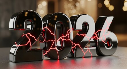 2026 black numbers with glowing red cracks and lightning happy new year new year