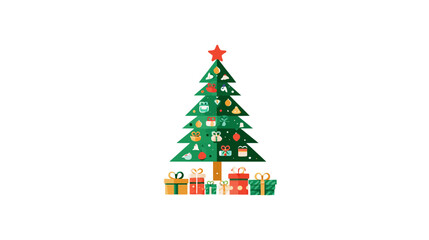 Festive Decorated Christmas Tree Illustration with Presents on White Background - Holiday Season Celebration Graphic Element
