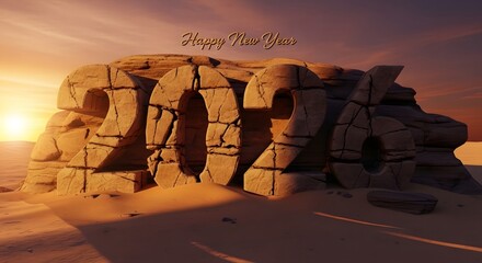 2026 Carved Stone Numbers in Desert Dunes with Golden Sunset new year happy new year