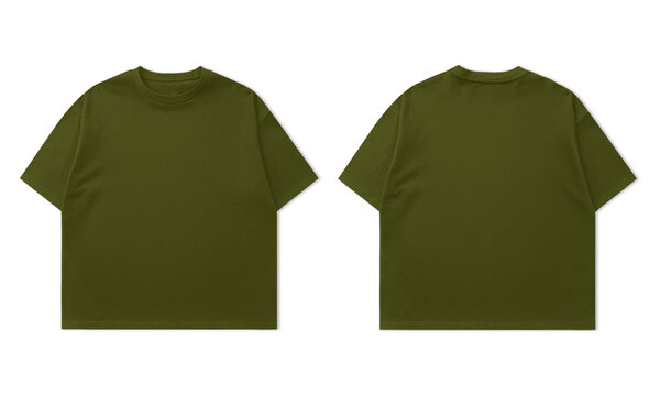 Stylish olive green t-shirt mock-up showcases front and back design for apparel branding and fashion promotion