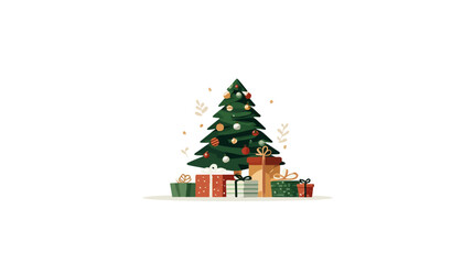 Festive Christmas tree illustration with wrapped holiday gifts, a symbol of winter celebration and joy and season's greetings.