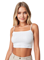 Portrait of a stylish blonde woman with a white crop top and pants isolated, transparent background, no background. PNG.