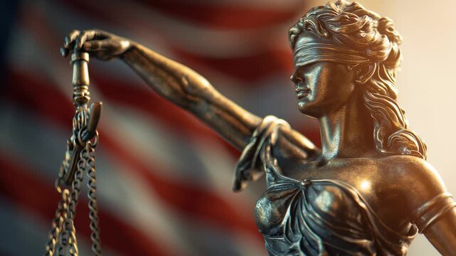 Statue of Lady Justice with flag background symbol of law and fairness