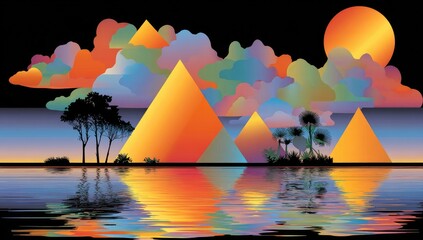 Vibrant landscape of stylized pyramids reflecting on a tranquil body of water, showcasing a spectrum of hues and a surreal, peaceful atmosphere.