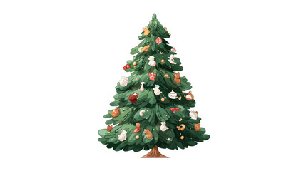 Watercolor illustration of a festive Christmas tree decorated with ornaments on a white background. Holiday season graphic element.