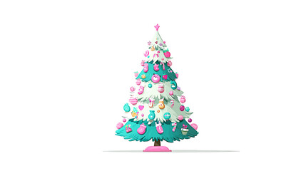 Stylized Modern Christmas Tree with Pastel Pink and Teal Ornaments, Festive Holiday Season Isolated on White Background