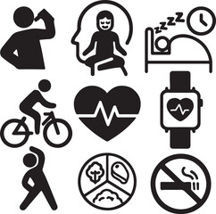 Healthy routine lifestyle icon pack vector for wellness, fitness, and balanced daily habits design.
