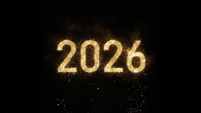 2026" displayed in shimmering golden particles against a black backdrop, with falling sparkles