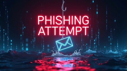 A striking visual depicting a phishing attempt with a glowing blue envelope on a hook, highlighting internet security themes.