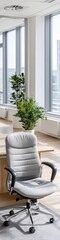 Contemporary workspace with ergonomic office chair and green plant. Modern interior design for a productive environment. Business, work concept.