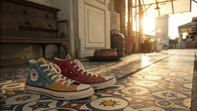 Retro Canvas Sneakers Resting on Patterned Tile Floor in Sunlight