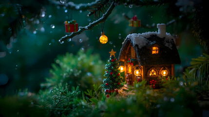 Magical christmas scene with glowing fairy house bringing happiness. miniature home nestled in pine tree evokes feelings of warmth and joy for holiday season