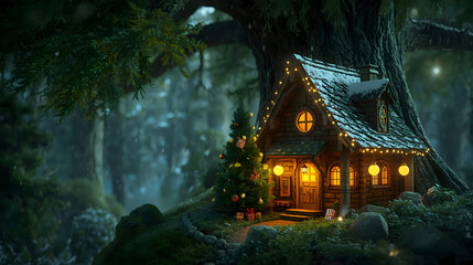 Fototapeta premium Magical fairy house nestled in an enchanted forest brings happiness and christmas wonder. cozy glowing cottage at night illuminates dark woods with warm light