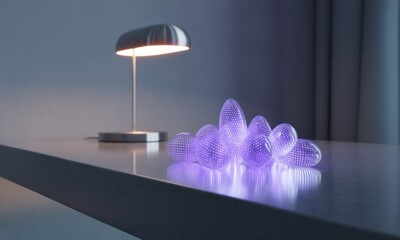 A modern, minimalist scene.  A table lamp casts light on a cluster of translucent purple objects