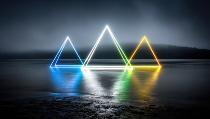 Neon triangle shapes frame a tranquil lakeshore scene at night, with vibrant color reflections on the water.