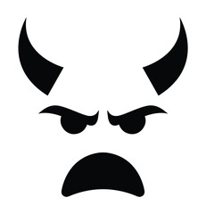 Angry Devil Face Vector Icon with Horns - Evil Eyes, and Open Mouth, Black and White Silhouette Isolated on a Transparent Background for Halloween and Demon Concepts.
