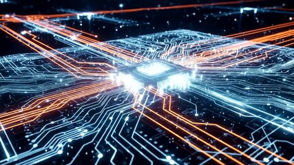 Glowing circuit board with central processor and light trails depicts complex data flow. - Powered by Adobe
