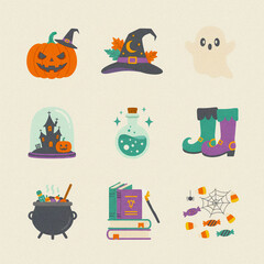 Halloween-themed illustrations including pumpkin, witch hat, cauldron, and candy. Ideal for spooky seasonal designs.