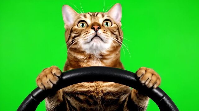 Playful Bengal cat curiously looking up while holding onto a steering wheel on a vibrant green screen background