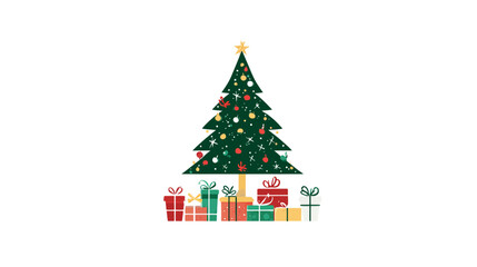 Festive Christmas tree illustration with colorful presents and star decoration, perfect for holiday celebrations and winter design.