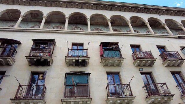 The exterior of the abandoned sanatorium Metallurgist in Tskaltubo, Georgia