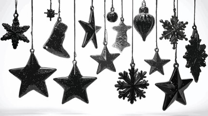 Elegant black and white holiday ornaments hanging against a bright background, featuring stars, snowflakes, and festive shapes.