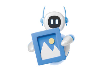 3d ai robot holding photo frame icon. media gallery concept. Minimal cartoon gallery image picture frame for app banner web hero ui asset. isolated on white background. 3d render.