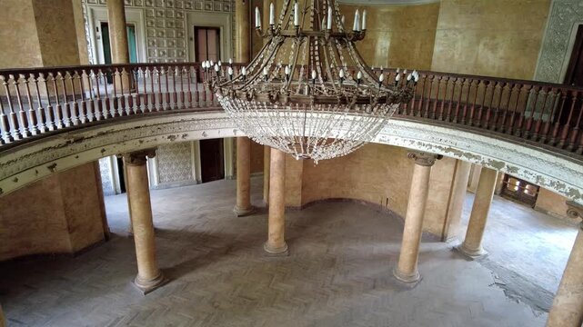 The interior of the central hall in the abandoned sanatorium Metallurgist in Tskaltubo, Georgia