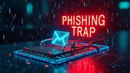 A digital illustration depicting a phishing trap with an email symbol, warning about cyber threats and online security.