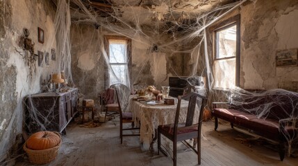 Dusty chairs surround a table set with seasonal decor shadows creep in a forgotten space covered in webs.