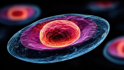 A detailed, three-dimensional illustration of a cell structure, showcasing intricate layers and vibrant color gradients.