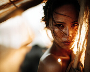 Cinematic Portrait of a beautiful Asian Woman in warm, natural Sunlight - Beauty, Wellness and Empowerment