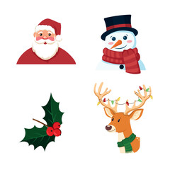 A set of vector illustrations featuring a snowman, Santa Claus, and a Christmas reindeer