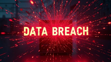 Vibrant visual representation of a data breach, with bold text and dynamic red sparks creating an alarming atmosphere.