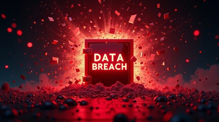 A dramatic explosion from a safe labeled 'DATA BREACH' against a vibrant red background, symbolizing cybersecurity threats.