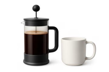 French press coffee maker with white ceramic mug