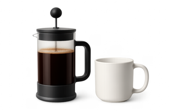 French press coffee maker with white ceramic mug