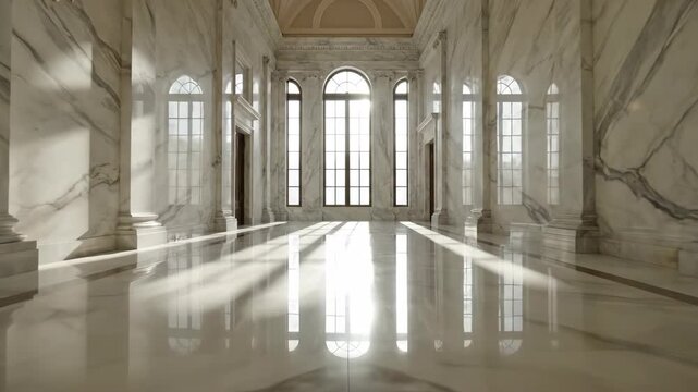 A Majestic Journey Through a Grand Sunlit Marble Hallway with Dramatic Reflections.