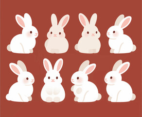 Fototapeta premium Cute white rabbit illustrations, minimalist cartoon design, isolated on red background