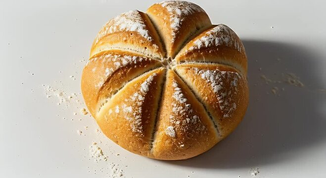 Kaiser Roll Close-Up: Golden Crust, Flour Dusting, and Crisp Texture on White Background